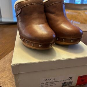 NIB Coach Brown Leather Georgia Mules with Stud Accents